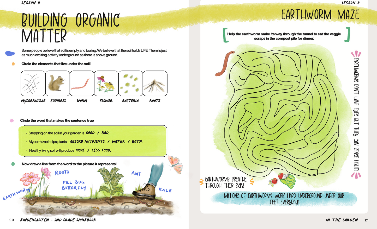 Educational worksheet with an earthworm maze and illustrations of soil elements.